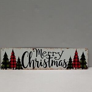 Festive Metal Merry Christmas Wall / Wreath Sign with Red and Green Plaid Trees